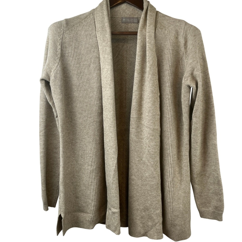 Womens M Open Front Cardigan Beige Chevron Knit Textured Longline Cozy Layer